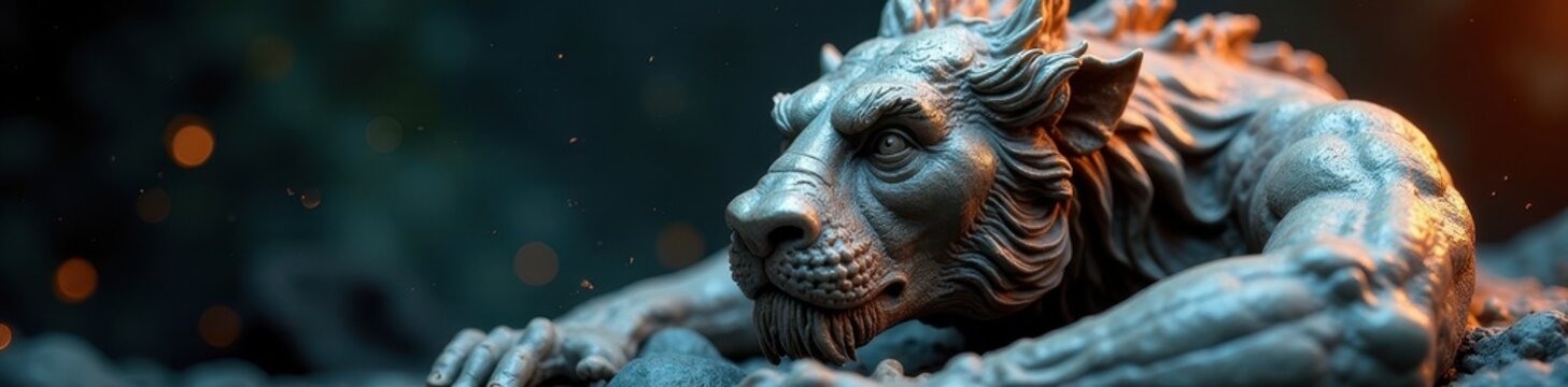 Weathered Neptune sculpture, dramatic lighting , shadow, statue