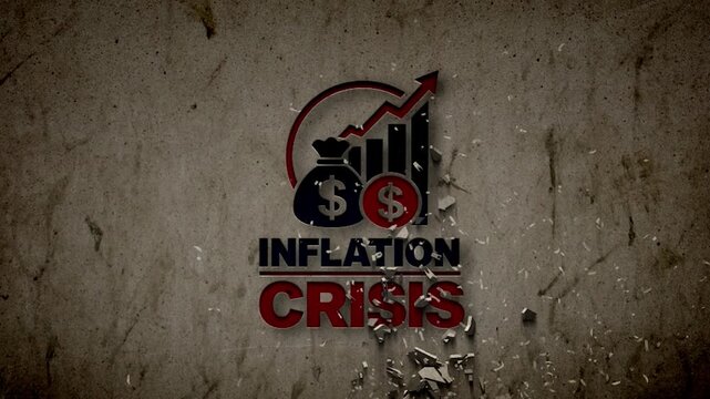 Crumbling graphic of inflation crisis with money symbols on a textured background. Animation