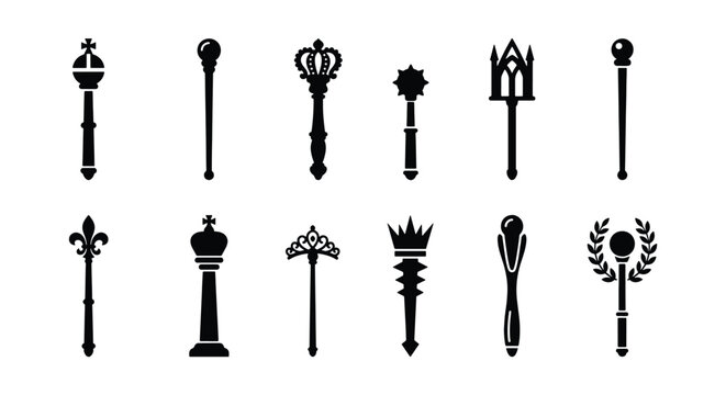 Royal scepter icons set, 12 medieval king wand silhouettes, golden age monarchy symbols, black heraldic scepters and ceremonial maces vector