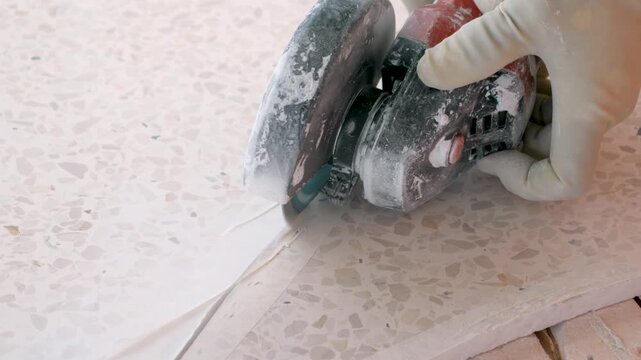 Circular Stone Saw Cutting Sintered Stone, Closeup