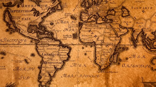 Vintage world map with French labels and continents.