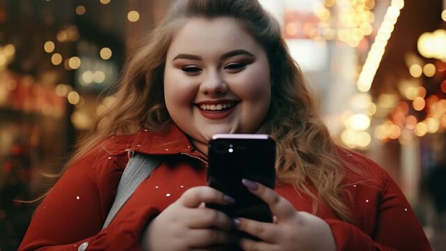 Young woman smiles while holding smartphone outdoors. Warm lights glow softly behind her in background. She wears red coat and has long, wavy hair