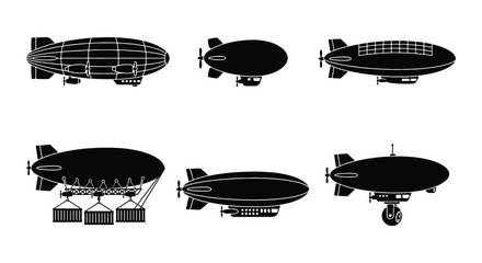 Vintage airship silhouette collection, 6 zeppelin vector icons, retro dirigible and blimp transport set, black aviation aircraft graphics © Md