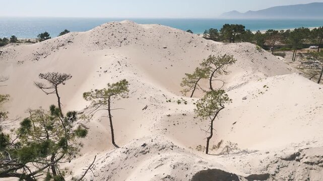 Aerial Orbit of Sand Excavation at Construction Site, Troia, Portugal