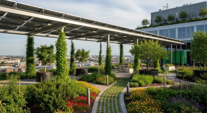 green roof garden with pathway and city view