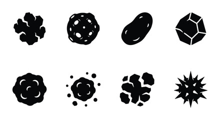 Black silhouette asteroid and meteor icons set, 8 space rock and comet vector elements, cosmic debris and celestial body illustrations for astronomy © Md
