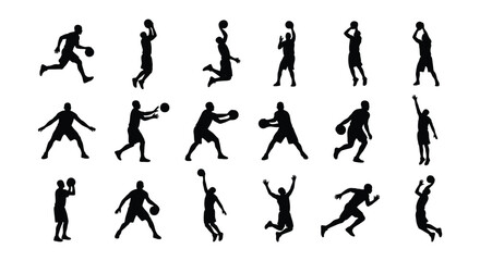 Basketball player silhouettes set, 18 action poses of athletes playing ball, black vector figures of basketball players jumping and dribbling © Md