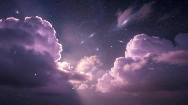 Beautiful purple clouds under a starry night sky with visible galaxies and cosmic elements
