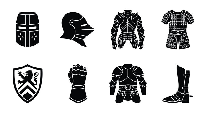 Medieval knight armor icons set, black silhouette warrior equipment collection, 8 vector elements of middle ages battle gear and heraldic shield