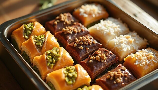 Assortment of baklava pastries in metal tray. Layers of phyllo dough, nuts, and syrup. Variety includes pistachio, walnut, and chocolate flavors. Delicious sweet dessert selection.