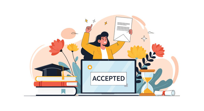 Joyful woman holding an acceptance letter behind a laptop displaying accepted, surrounded by books and flowers.