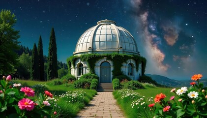 Fototapeta premium Crumbling observatory dome, vibrant flora replaces celestial maps, telescope veiled in green , exploration, abandoned