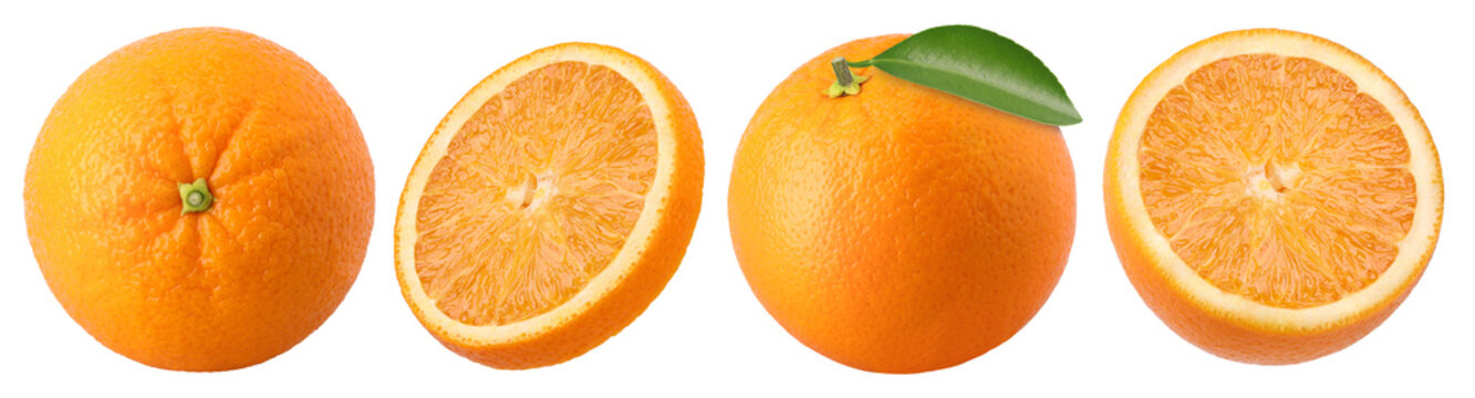 Orange fruit with leaves, half and slices isolated, transparent PNG, PNG format