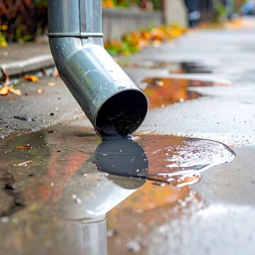 Close-up shot of a metallic drainpipe emptying into a puddle on a wet sidewalk. Reflective surface shows fall foliage