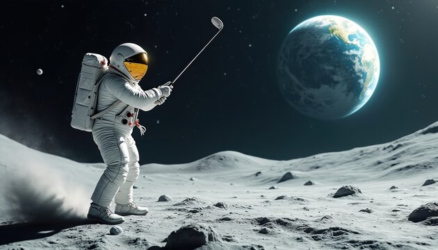 Astronaut plays golf on moon surface with Earth in background. Lunar landscape, low gravity sport, space adventure. Futuristic recreation in cosmos.