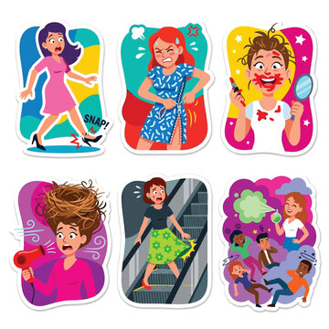 Vector Set 6 Funny Caricature Stickers Colorful Flat Art Highlighting Fashion Beauty Disaster Realistic Failure Moments Broken High Heels Makeup Mess Hair Style Fail White Background
