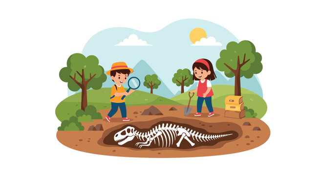 Two children acting as young paleontologists excavating large dinosaur fossil skeleton in prehistoric landscape setting.