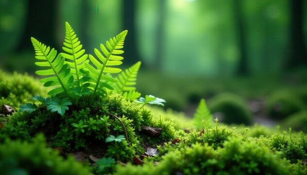Emerald ferns unfurl, moss carpets the forest floor , vibrant, damp