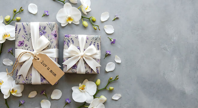 Mother's Day gift boxes with floral pattern and white orchids on grey background. Elegant flat lay of wrapped presents with luv u mom tag and spring flowers.