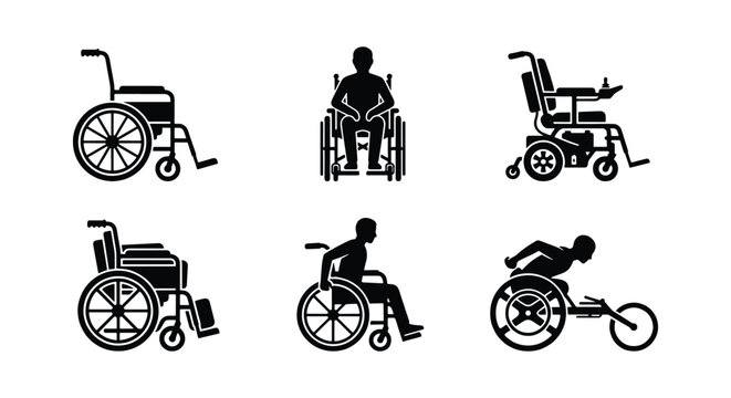 Wheelchair icon set with disabled person silhouettes, 6 black vector elements for medical accessibility, mobility aid equipment and parathlete sports