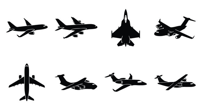 Airplane silhouette vector set, 8 black aircraft icons including commercial jets and military planes, aviation transport symbols for travel design