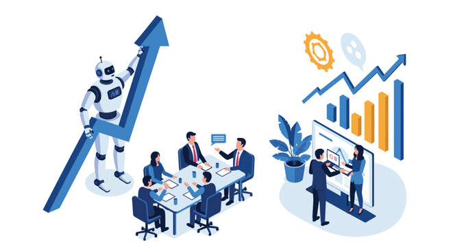 Intelligent robot helping business team analyze data and push growth arrow upward in modern office environment.