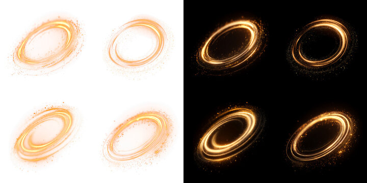 ゴールド 発光エネルギーリング オレンジ ネオンサークル 粒子 黒背景 光エフェクト
