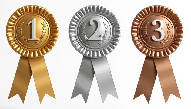 Gold silver bronze award rosettes with numbers 1 2 3 and ribbons. Represents achievement victory success competition and rankings. Perfect for sports events.