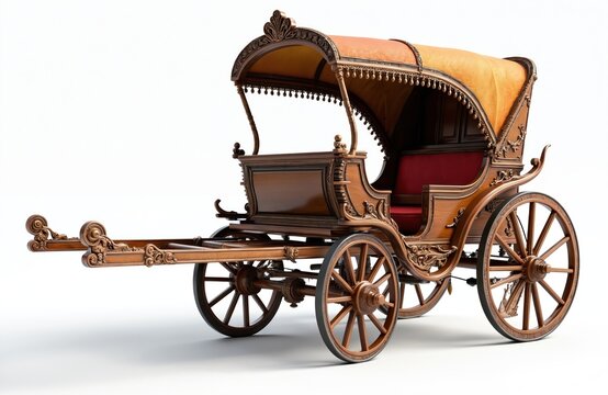 Elegant horse carriage ornate wood design with canopy and red seats. Luxury transport vehicle on wheels. Old fashion stagecoach for rides and events. Historical coach isolated white.