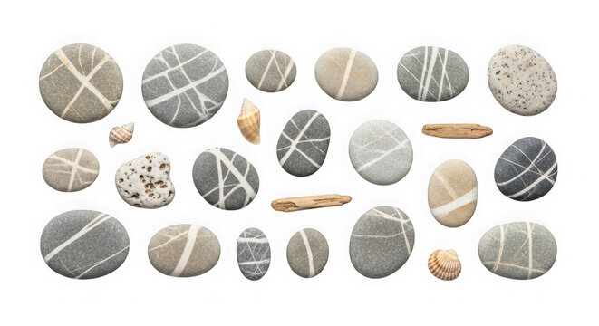 Collection of rounded pebbles with natural striped patterns and as PNG cutout