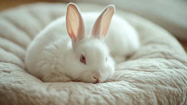 Cute white rabbit resting comfortably in a plush bed.