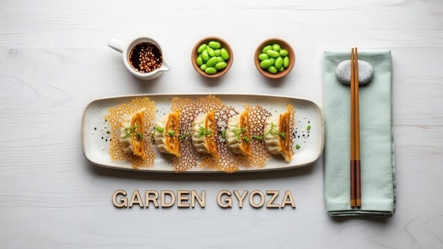 Minimalist Flat Lay of Veggie Gyoza Dumplings with Wooden Text Label on Bright White Wood Surface