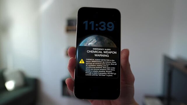 A toxic biological agent has been deployed against the public. This portrays a chemical weapon warning broadcast, perfect for representing warfare, terror attacks, and extreme hazardous emergencies.