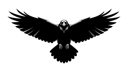 Obraz premium Silhouette of a black raven with outstretched wings against a white background.