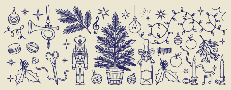 Christmas tree and nutcracker holiday art, hand drawn winter festive decoration sketches, decorative xmas spirit and tradition doodles, artistic seasonal home and tree icons, minimalist nutcracker and