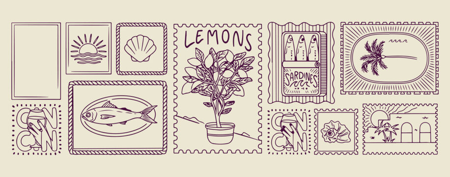 Lemon tree and citrus fruit illustration, hand drawn mediterranean botanical sketches, decorative garden orchard and plant doodles, artistic summer fruit and lemon icons, minimalist organic nature and