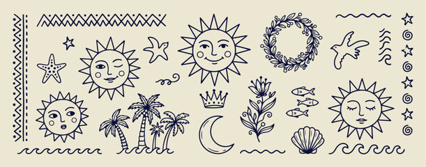 Naklejka premium Celestial sun and moon mystical art, hand drawn esoteric and astrology doodles, decorative tarot and zodiac theme sketches, artistic bohemian celestial design elements, minimalist cosmic and galaxy li