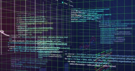 Obraz premium Rendering centered teal-green 3D grid with code snippets, waveforms, nodes on virtual dashboard