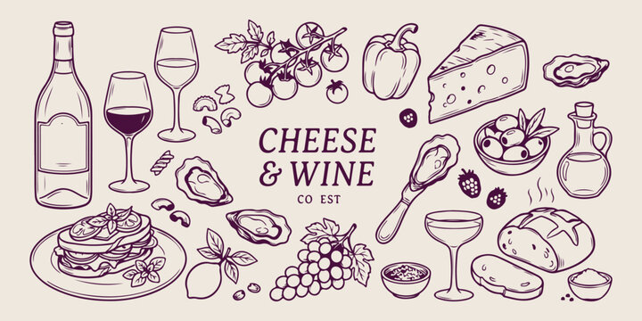 Cheese and wine tasting gourmet set, hand drawn appetizer and grape sketches, decorative winery and vineyard theme doodles, artistic charcuterie board design elements, minimalist wine bottle and chees
