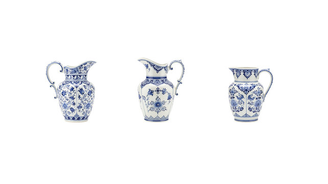 Classic blue ceramic pitcher with decorative patterns, suitable for vintage and home decor themes.