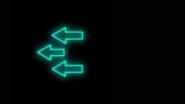 Neon cyan triple arrow pulsing on black background, digital directional signage and ui motion glowing