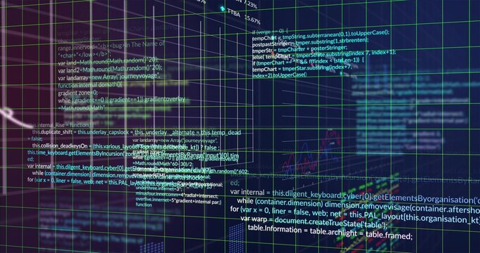 Rendering centered teal-green 3D grid with code snippets, waveforms, nodes on virtual dashboard