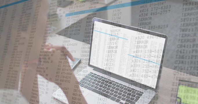 Checking phone, mid-adult woman in light top reviewing laptop data on wooden desk, ERROR overlay