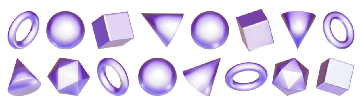 3D purple shapes, holographic rectangular element. Metal icon sphere ball with triangular cone. Solid y2k rainbow pyramid circle. Math geometric objects, abstract pastel figure. Bubble glossy tube