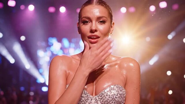 Glamorous Sweating Pop Star Performing on Stage and Blowing a Kiss