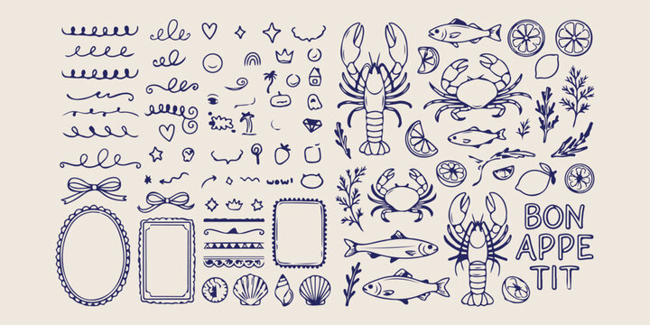 Seafood and marine life illustration set, hand drawn lobster and crab sketches, decorative ocean creature and fish icons, artistic coastal dining and kitchen doodles, minimalist underwater animal line