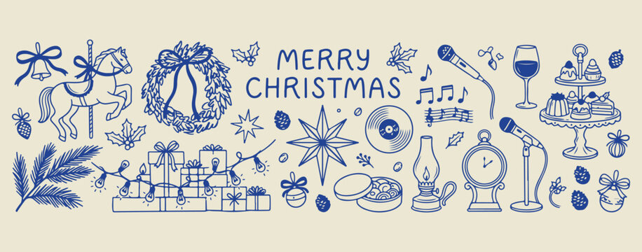 Merry Christmas holiday decoration elements, hand drawn winter festive doodles, rustic xmas star and lantern sketches, seasonal greeting card design icons, minimalist holiday ornament line art, decora