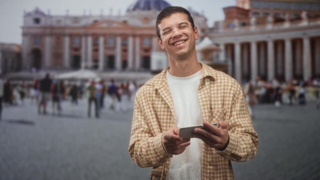 Man holding smartphone with hands and smiling, wearing glasses and beige checked shirt in front of a grand building plaza full of tourists; joy.