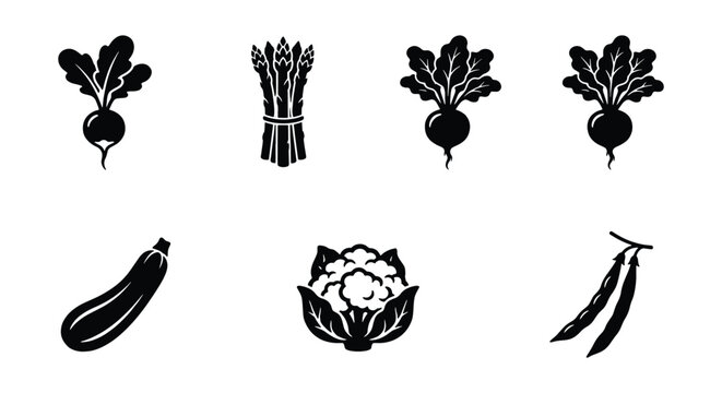 Vintage vegetable icon set with 7 black vector elements, rustic organic food illustrations, woodcut style garden produce graphics for farm logos