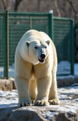 Obraz premium Large polar bear stands on snowy rock. White mammal with black nose looks forward. It is in zoo enclosure with green fence behind. Sunny cold winter day.